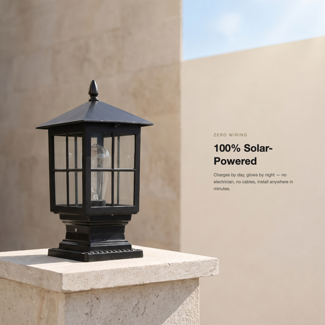 Solar Outdoor Post Light, Traditional Black Stone-Style Pillar Lamp, Dusk-to-Dawn 4