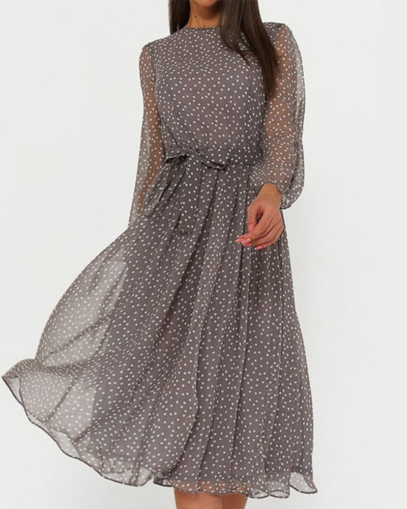 Women's Loose Polka Dot Dress Knee Length A Line Long Sleeve Casual 1