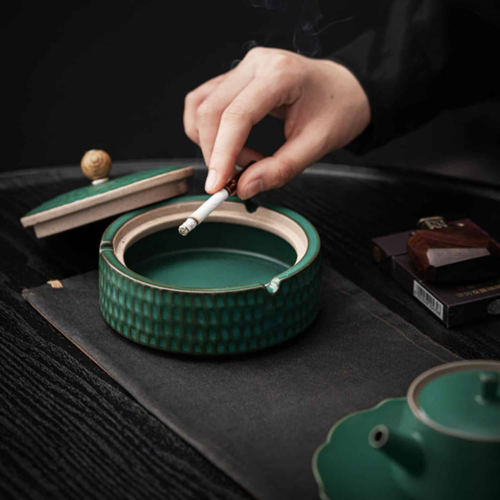 Handmade Ceramic Ashtray with Wooden Lid, 12.5 cm 2