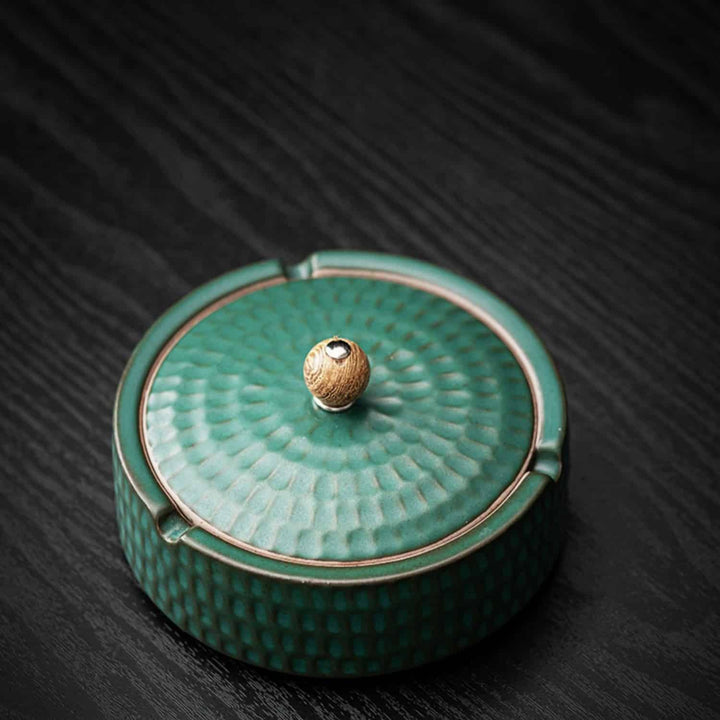 Handmade Ceramic Ashtray with Wooden Lid, 12.5 cm 1