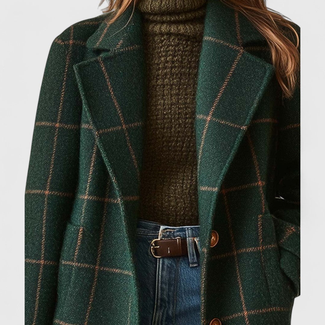 Women's Elegant Plaid Coat with Tailored Fit in Dark Green 3