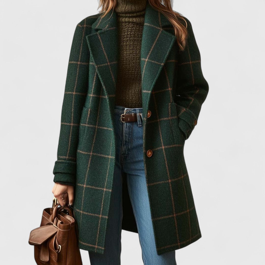 Women's Elegant Plaid Coat with Tailored Fit in Dark Green 1