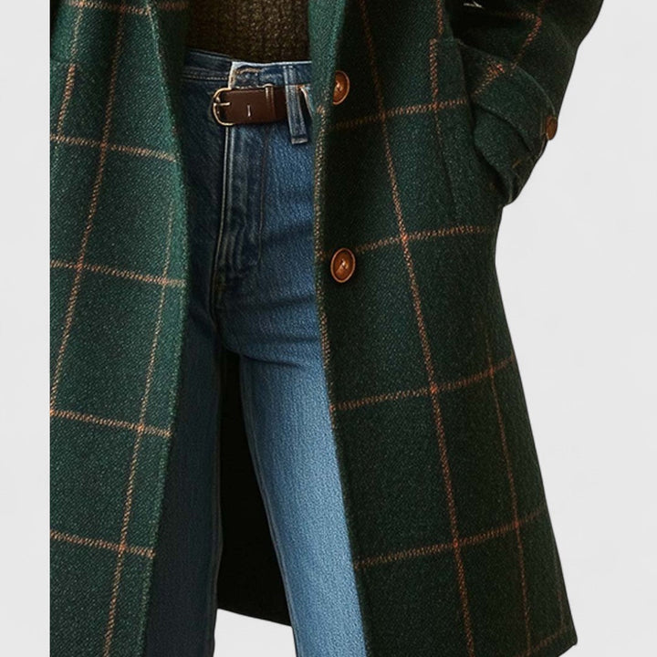 Women's Elegant Plaid Coat with Tailored Fit in Dark Green 5