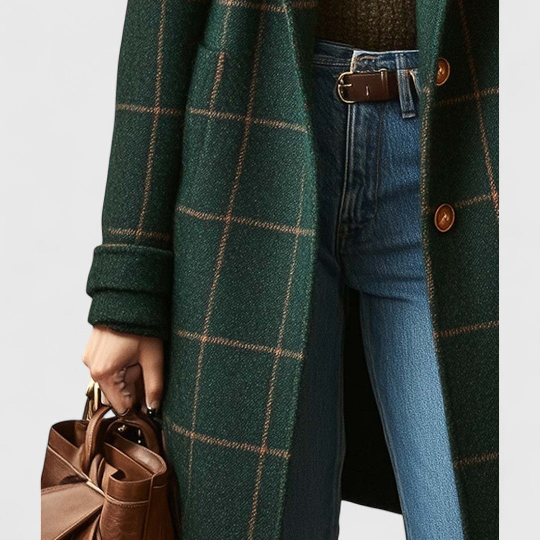 Women's Elegant Plaid Coat with Tailored Fit in Dark Green 4