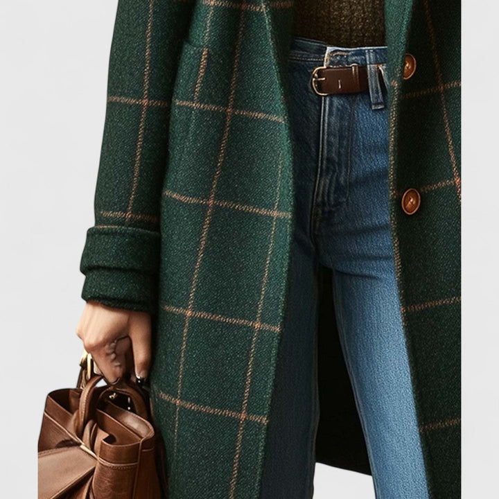 Women's Elegant Plaid Coat with Tailored Fit in Dark Green 4