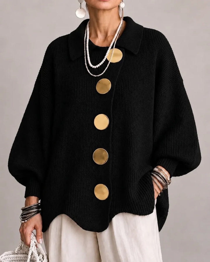 Oversized Scalloped Hem Cardigan with Gold Tone Buttons and Pointed Collar 8