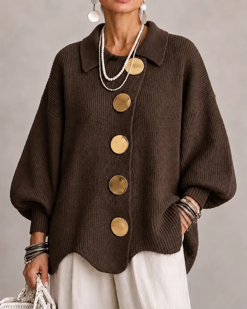 Oversized Scalloped Hem Cardigan with Gold Tone Buttons and Pointed Collar 9