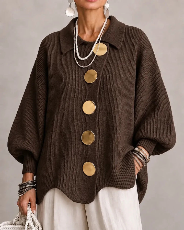 Oversized Scalloped Hem Cardigan with Gold Tone Buttons and Pointed Collar 9