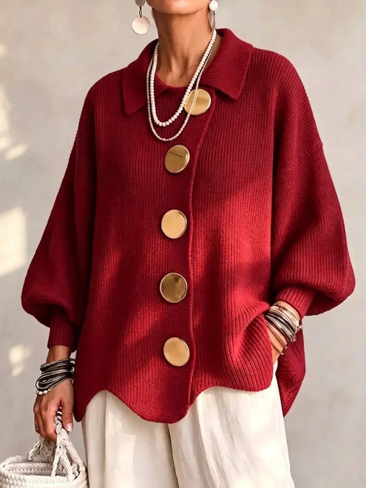 Oversized Scalloped Hem Cardigan with Gold Tone Buttons and Pointed Collar 11
