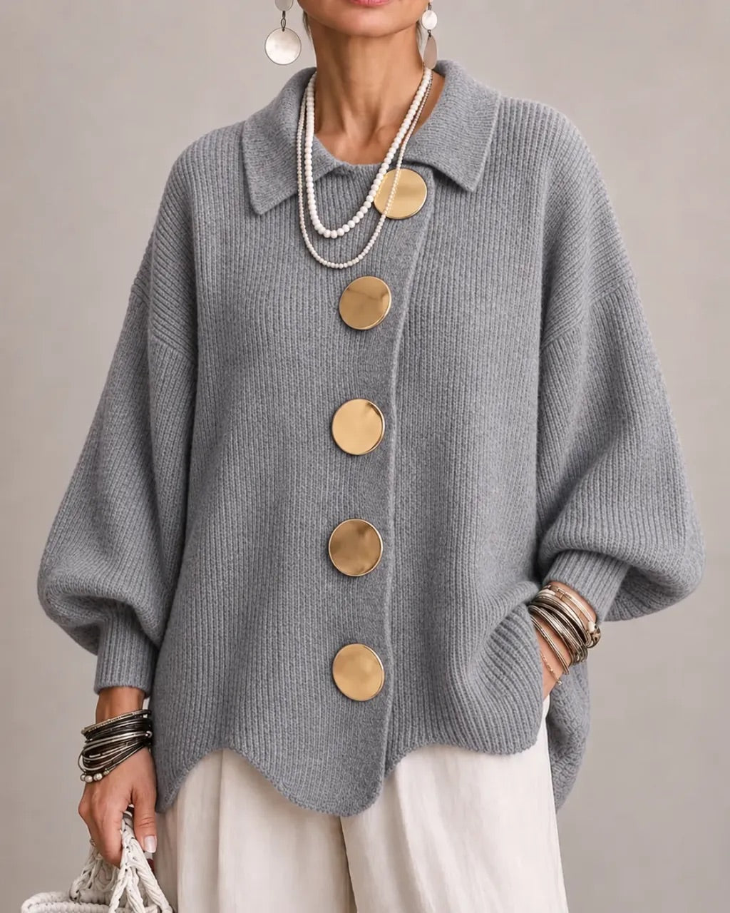 Oversized Scalloped Hem Cardigan with Gold Tone Buttons and Pointed Collar 18