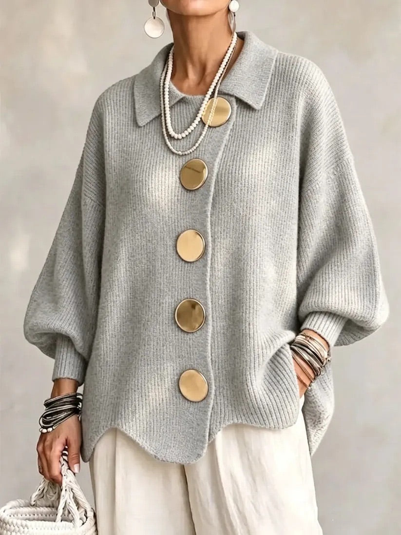 Oversized Scalloped Hem Cardigan with Gold Tone Buttons and Pointed Collar 10