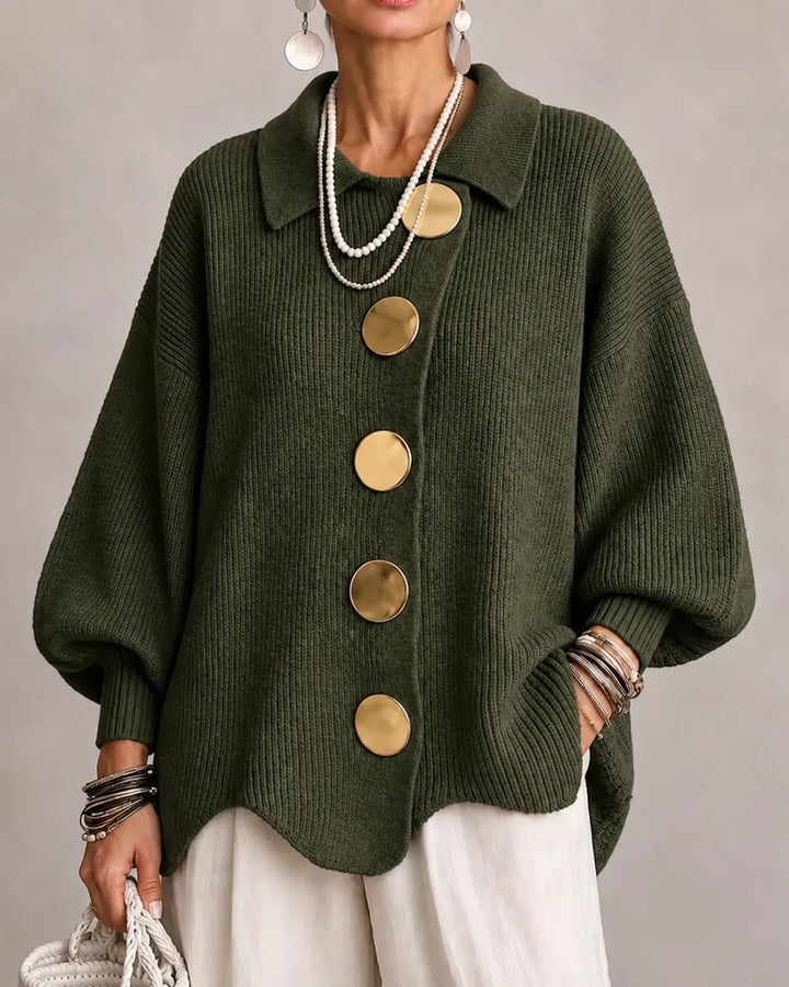 Oversized Scalloped Hem Cardigan with Gold Tone Buttons and Pointed Collar 12