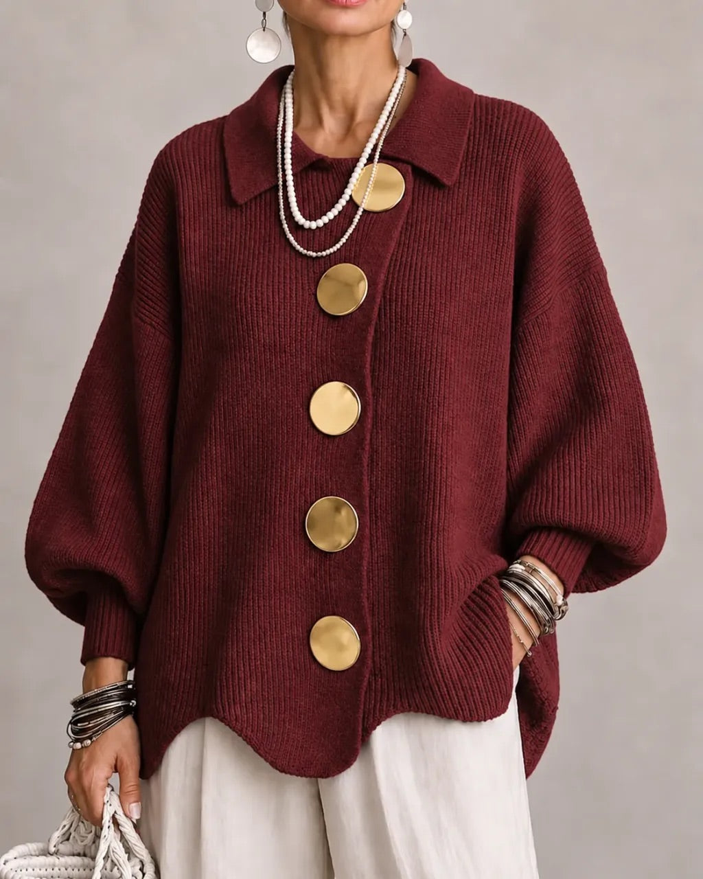 Oversized Scalloped Hem Cardigan with Gold Tone Buttons and Pointed Collar 19