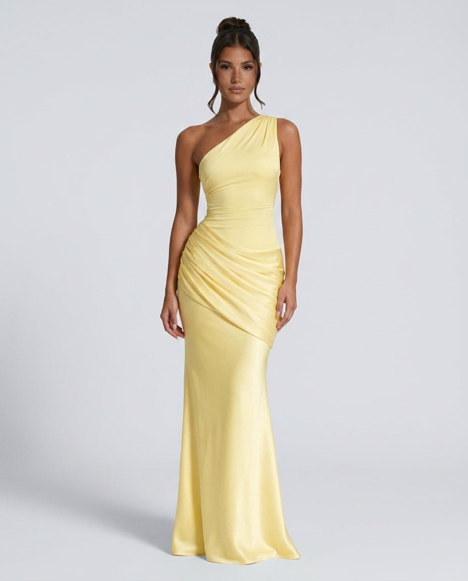 One Shoulder Draped Satin Maxi Dress 5