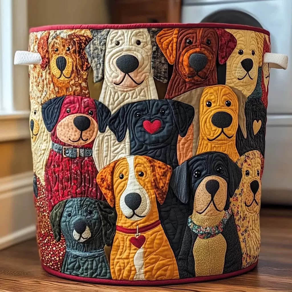 Quilted Patchwork Puppy Laundry Basket, Foldable Self-Standing Hamper 1