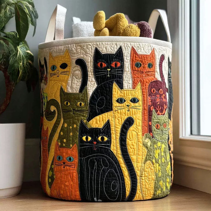 Quilted Cat Folk Art Laundry Basket, Foldable Self-Standing Hamper with Handles 1