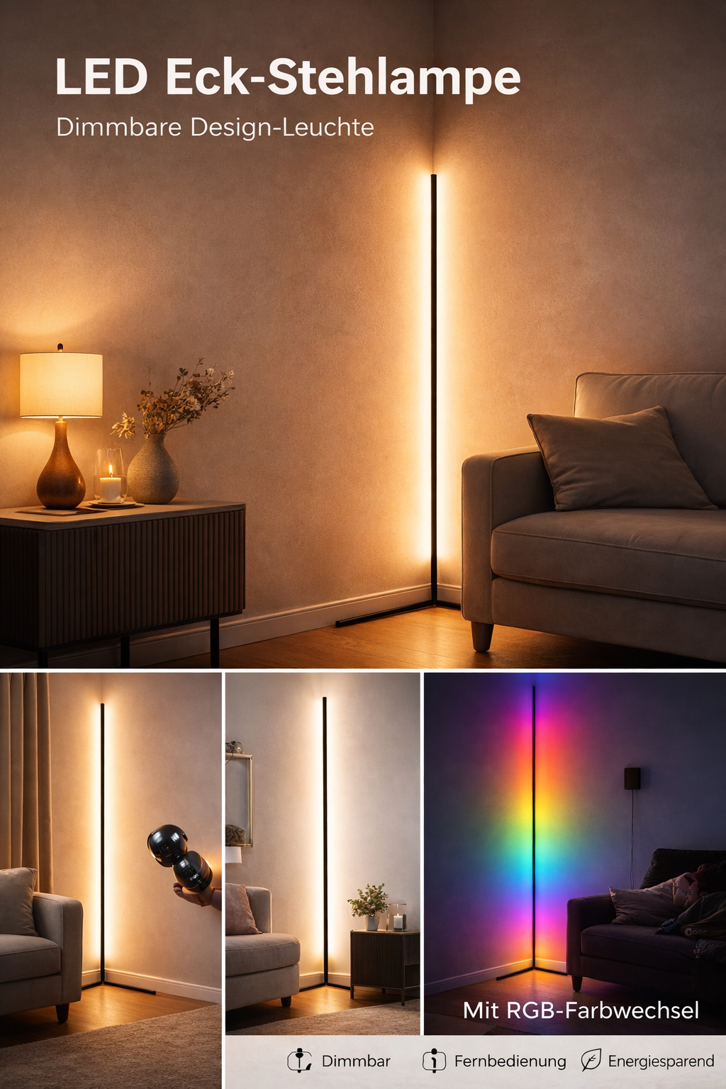 LED Corner Floor Lamp with Remote – Dimmable, Modern Design, Indirect Light 12