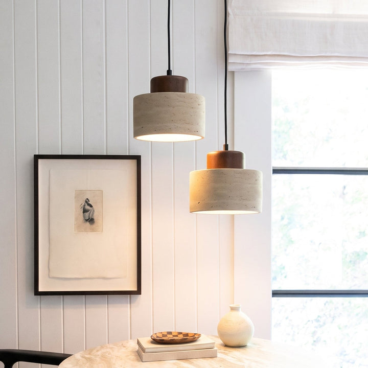 Natural Travertine Stone Pendant Light with Wood Accent, Dimmable LED 1