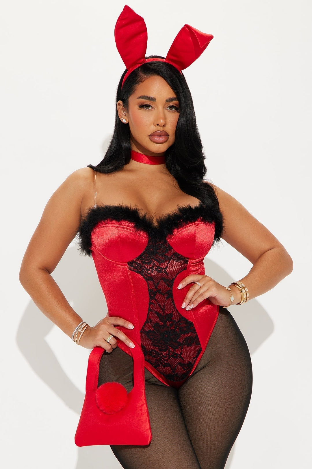 Five Piece Bunny Costume Set: Bodysuit, Leggings, Ears, Choker and Handbag 1