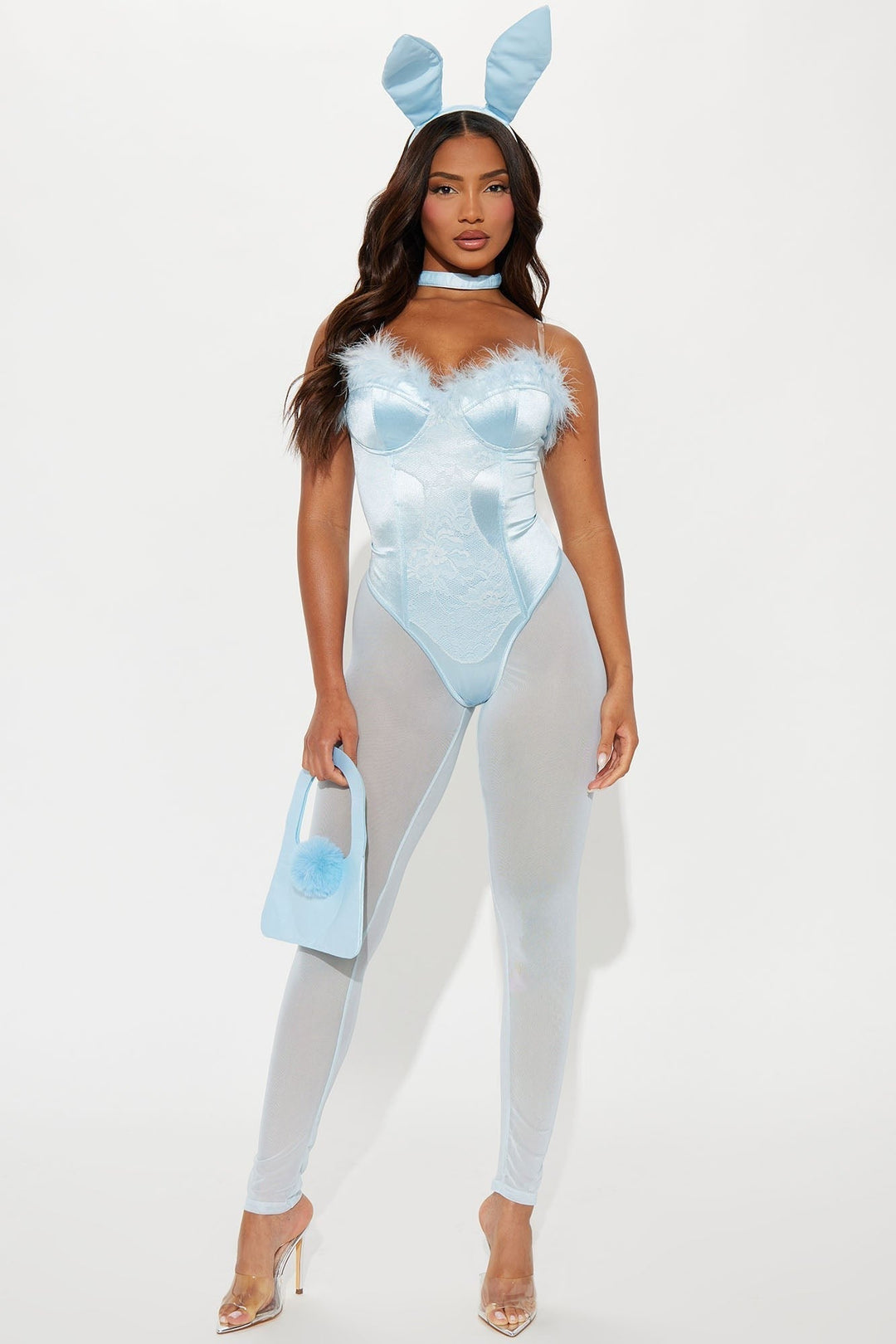 Five Piece Bunny Costume Set: Bodysuit, Leggings, Ears, Choker and Handbag 4