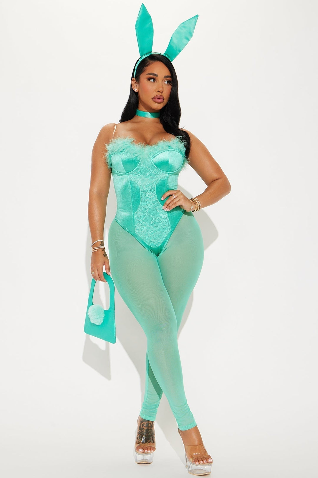 Five Piece Bunny Costume Set: Bodysuit, Leggings, Ears, Choker and Handbag 5