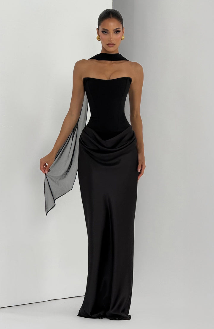 Strapless Corset Maxi Dress with Satin Cowl Skirt 27