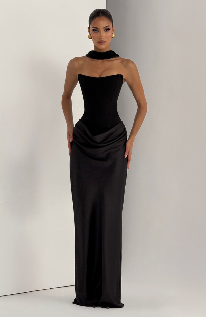 Strapless Corset Maxi Dress with Satin Cowl Skirt 26