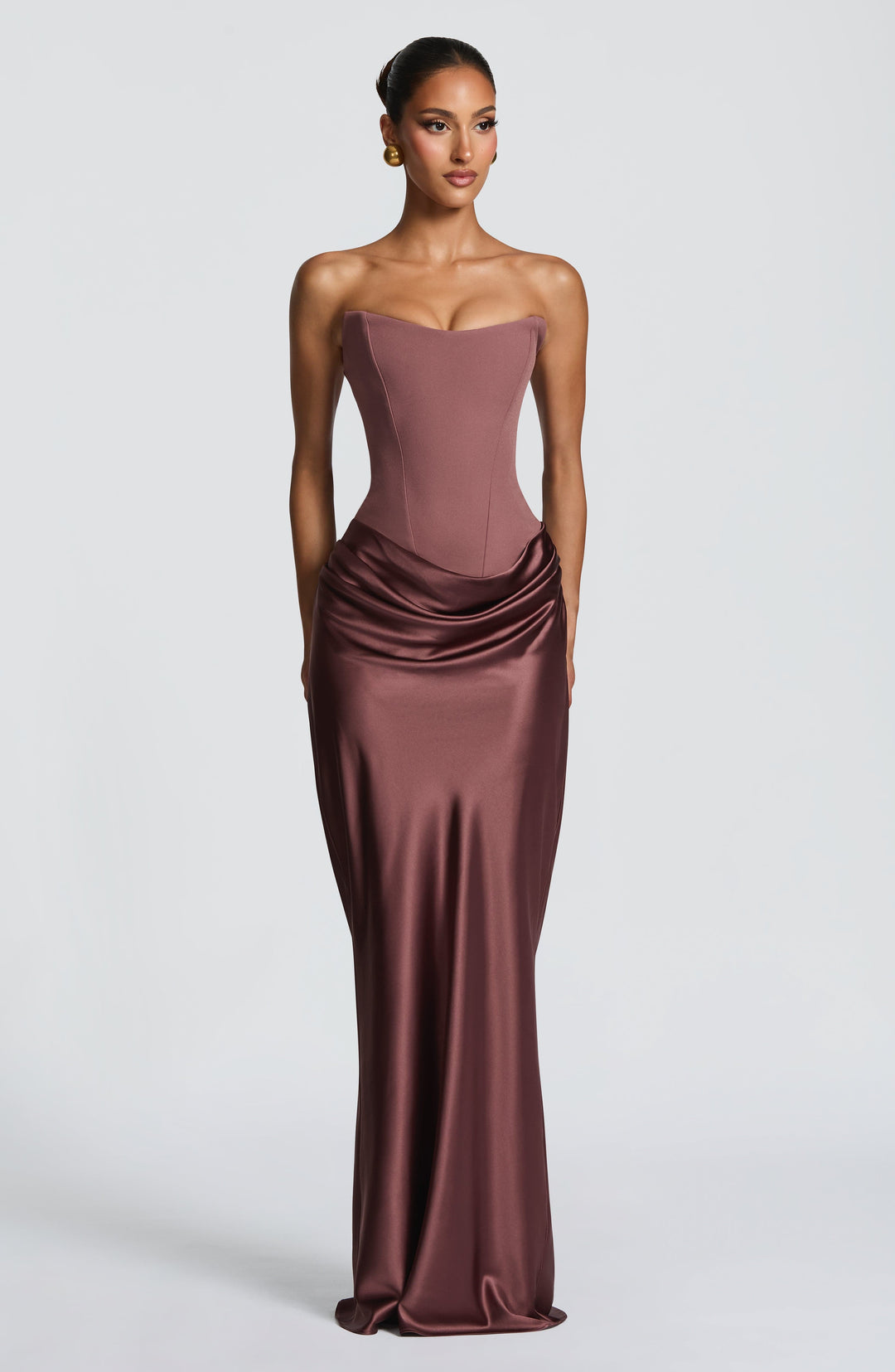 Strapless Corset Maxi Dress with Satin Cowl Skirt 40