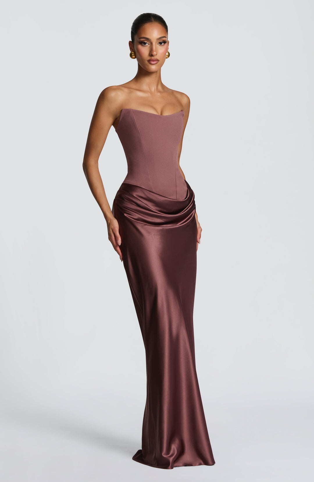 Strapless Corset Maxi Dress with Satin Cowl Skirt 39