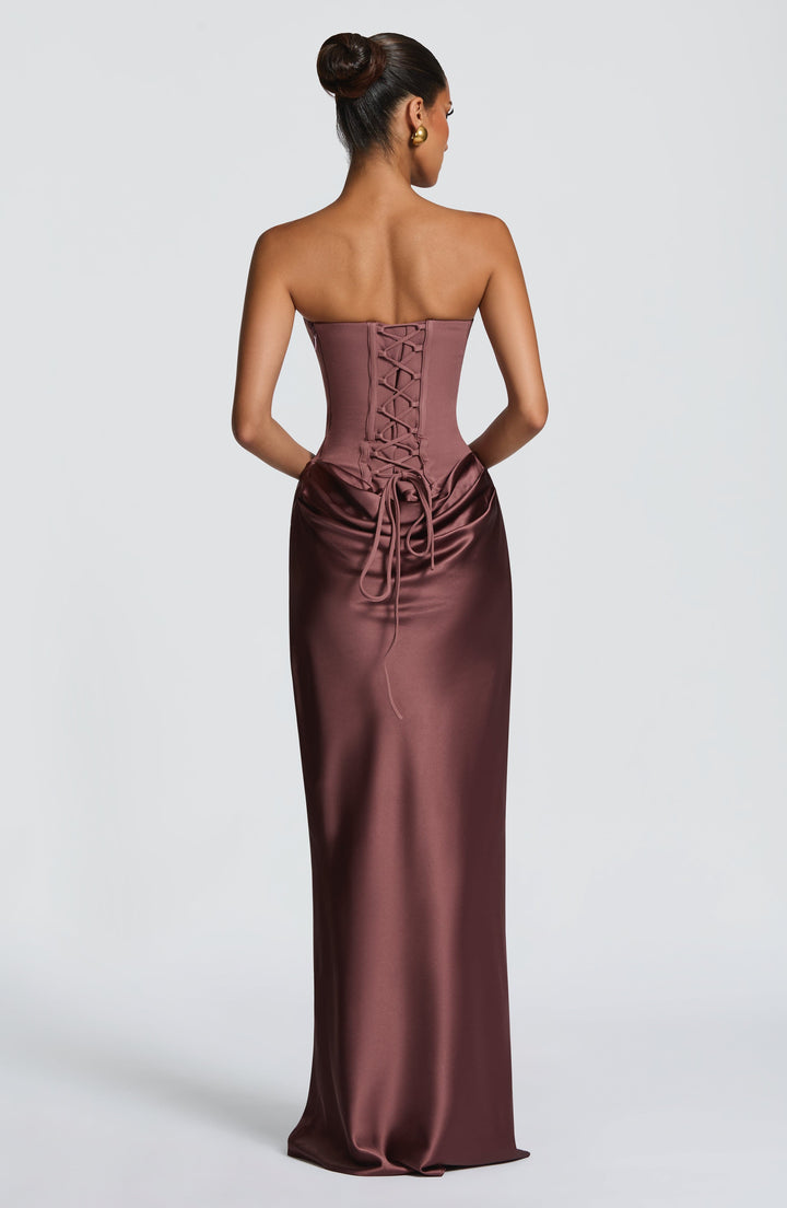 Strapless Corset Maxi Dress with Satin Cowl Skirt 38