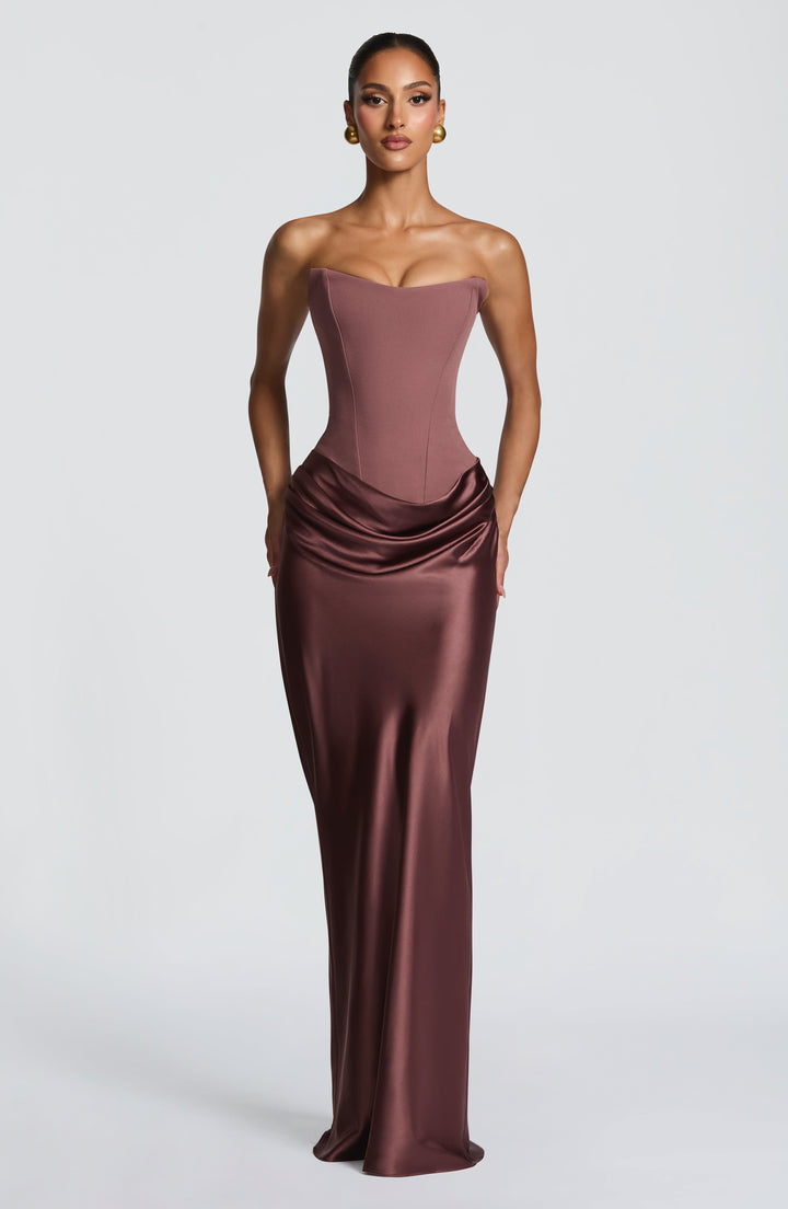 Strapless Corset Maxi Dress with Satin Cowl Skirt 37
