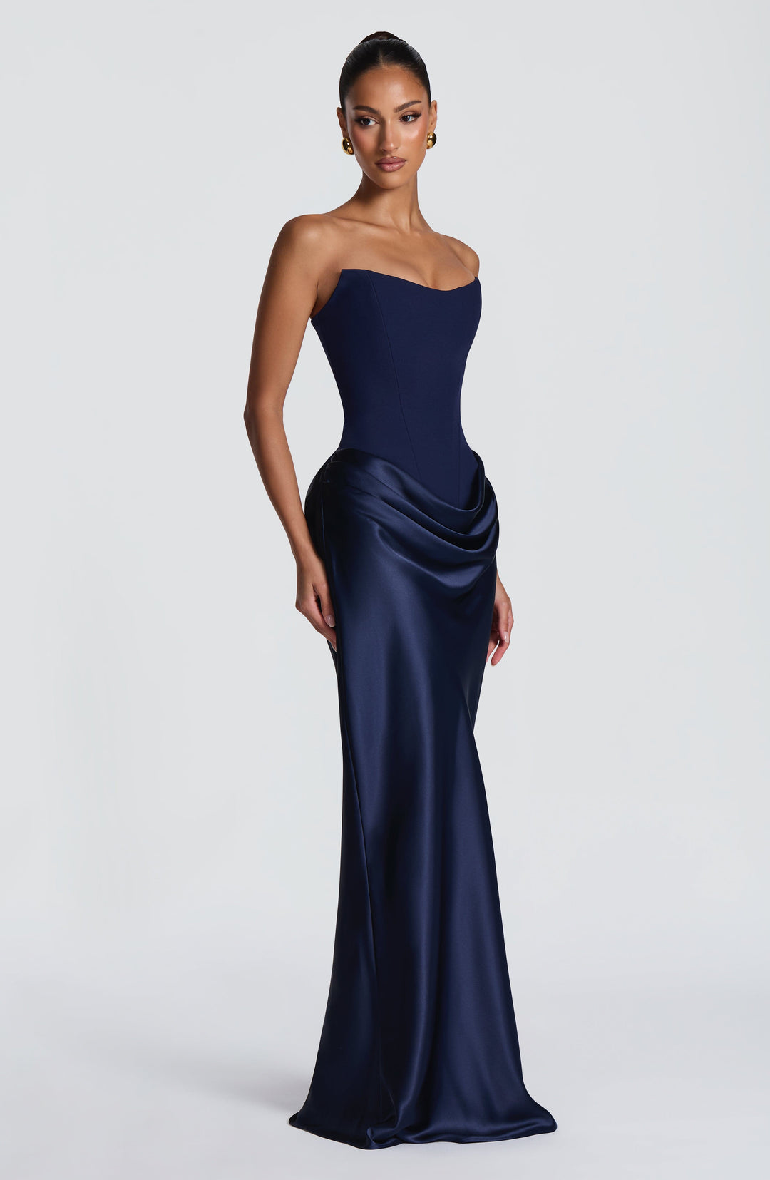 Strapless Corset Maxi Dress with Satin Cowl Skirt 43