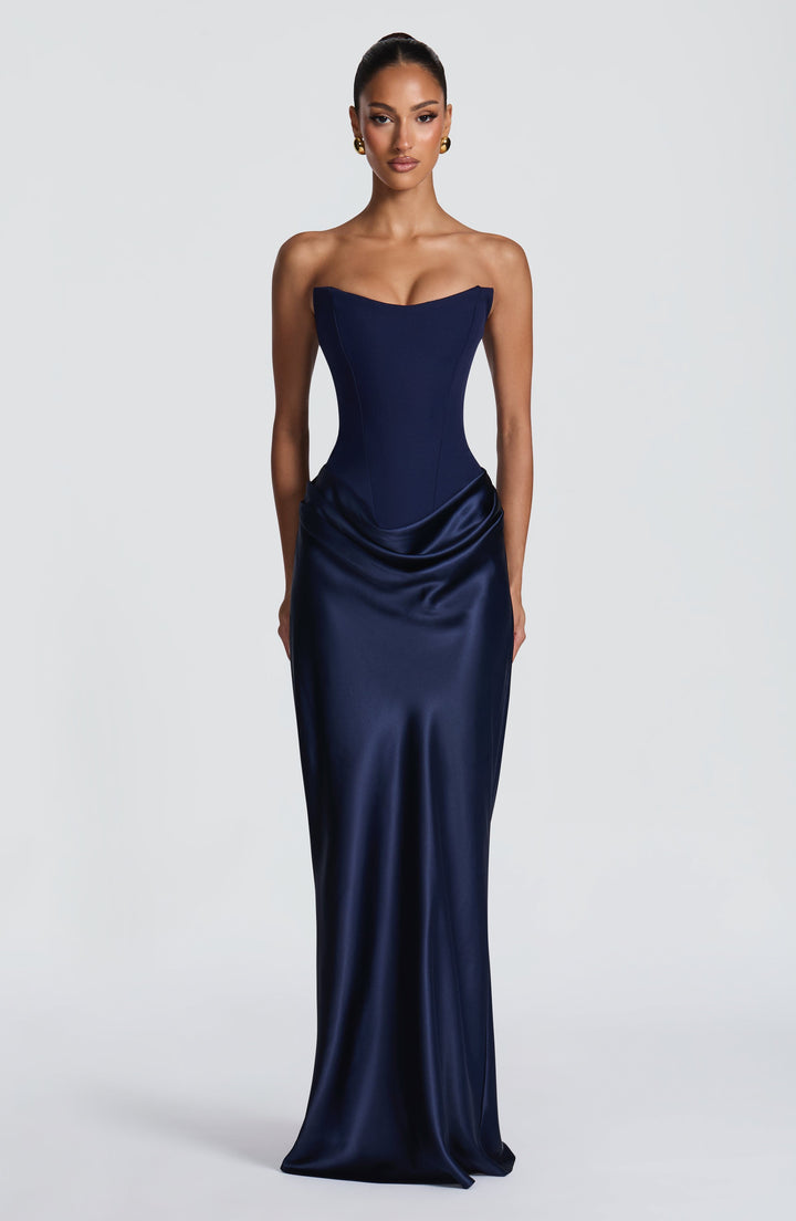 Strapless Corset Maxi Dress with Satin Cowl Skirt 42
