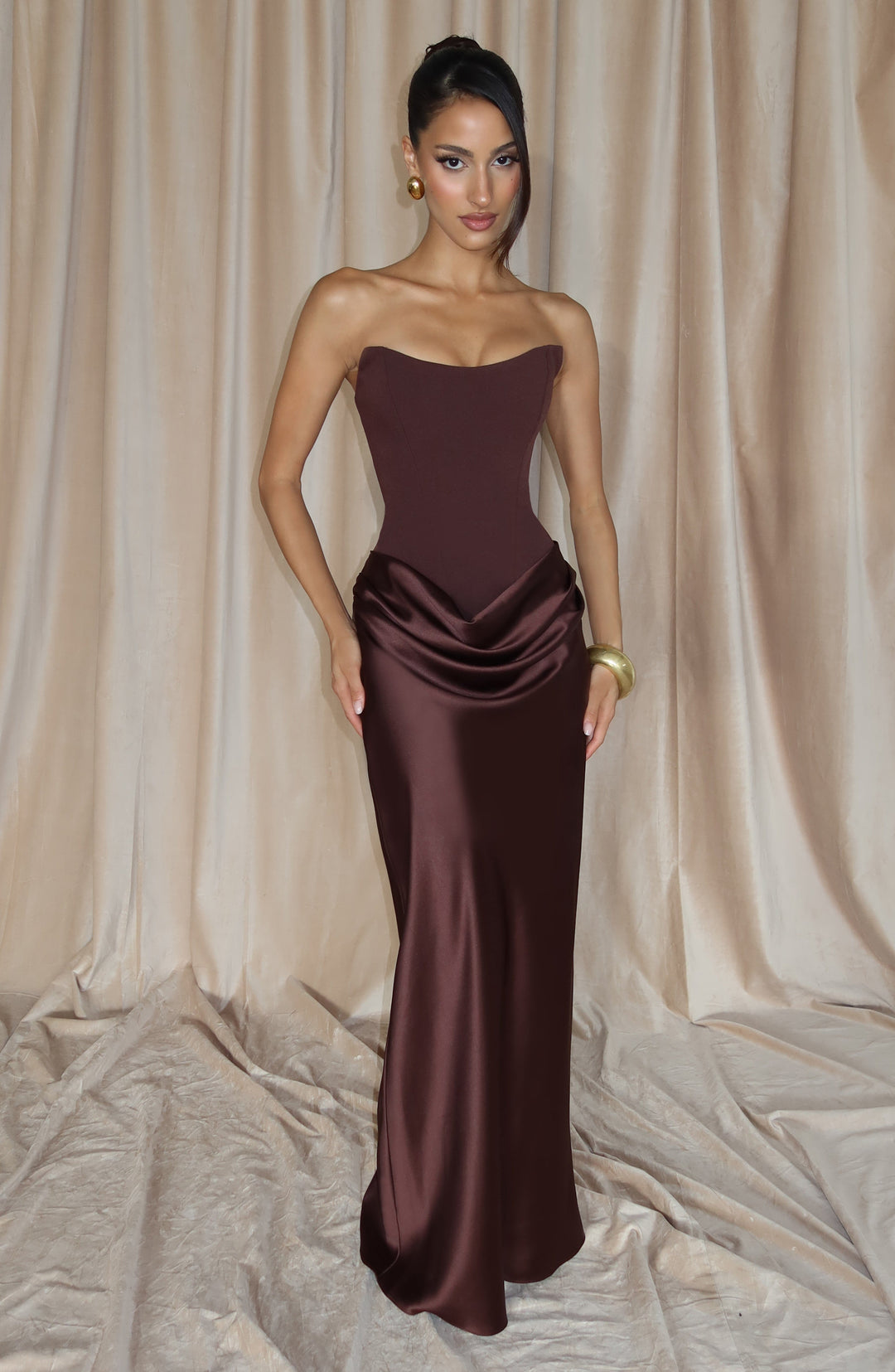 Strapless Corset Maxi Dress with Satin Cowl Skirt 8