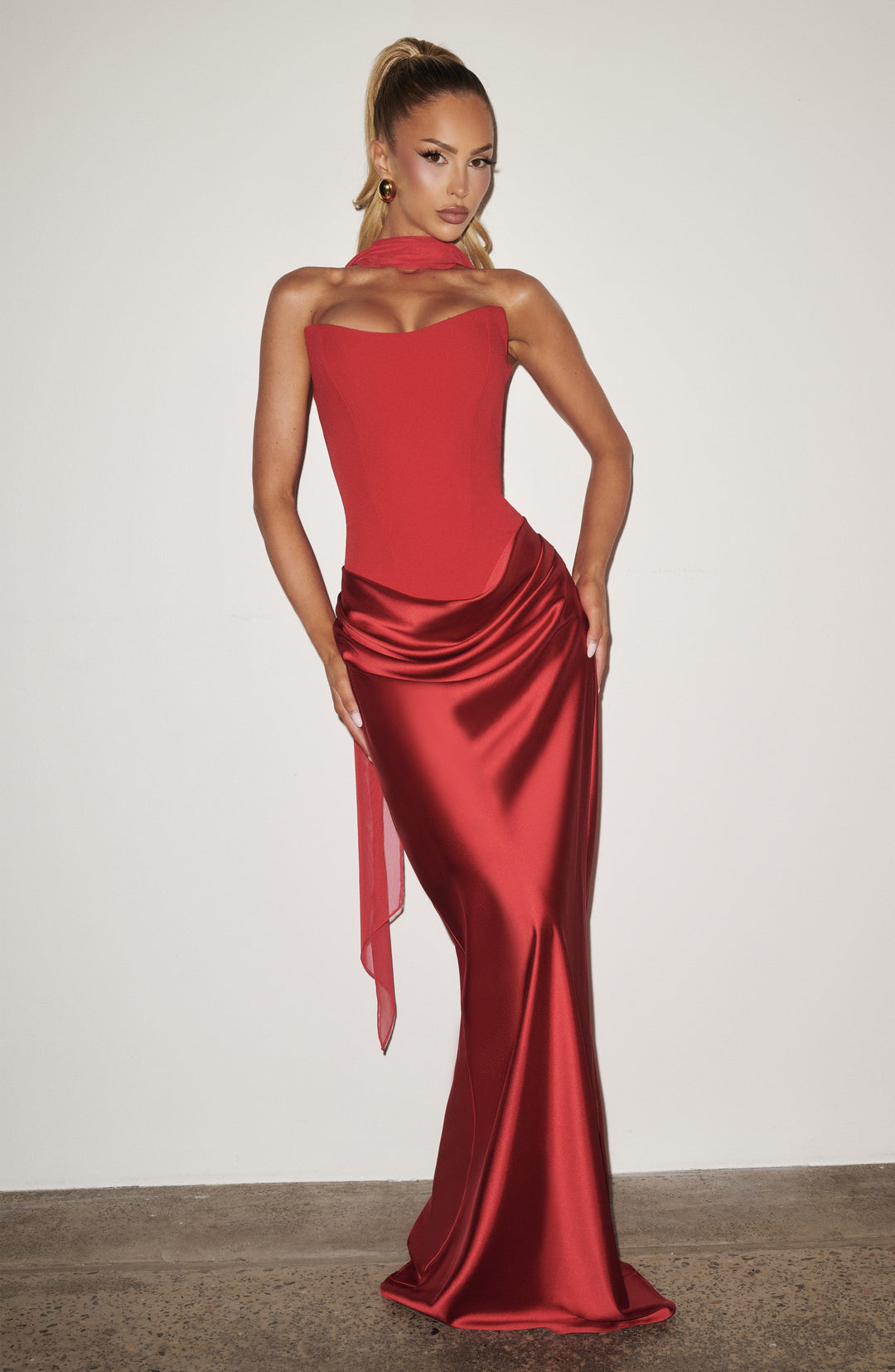 Strapless Corset Maxi Dress with Satin Cowl Skirt 14
