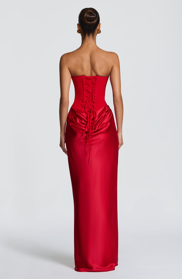 Strapless Corset Maxi Dress with Satin Cowl Skirt 12