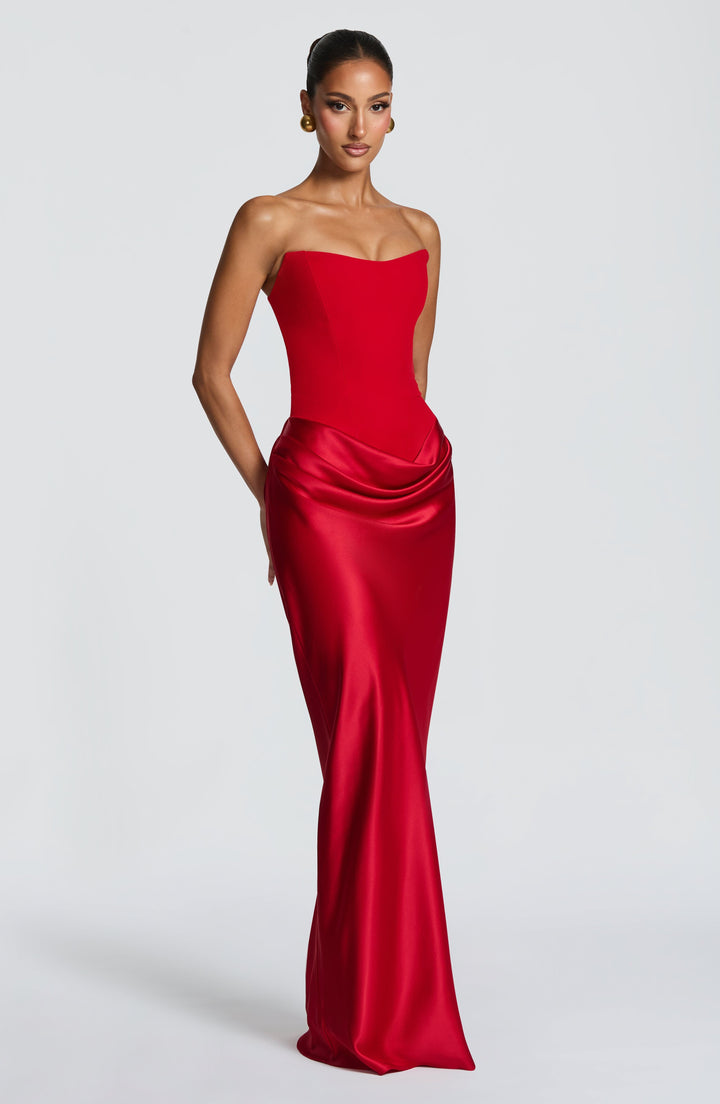 Strapless Corset Maxi Dress with Satin Cowl Skirt 17