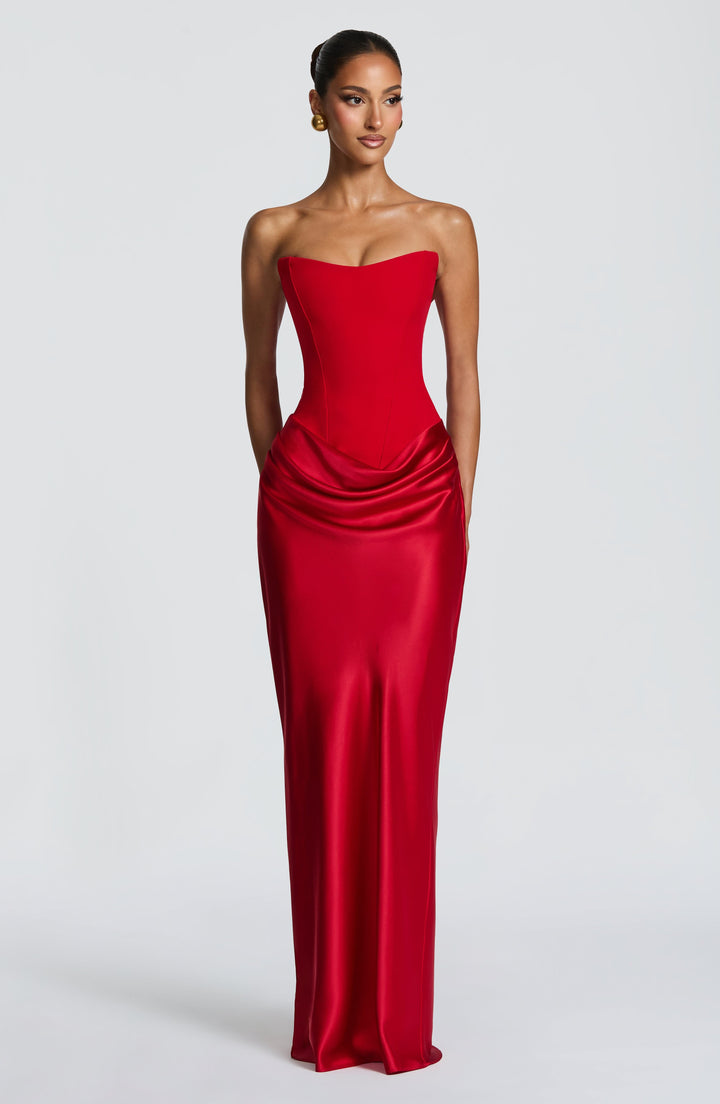 Strapless Corset Maxi Dress with Satin Cowl Skirt 18
