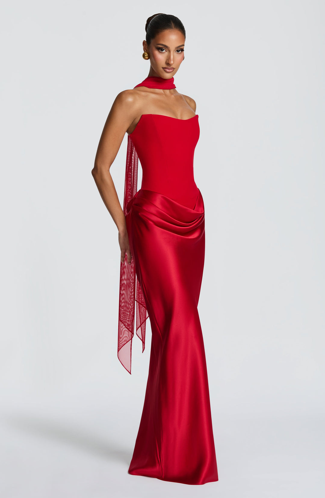 Strapless Corset Maxi Dress with Satin Cowl Skirt 13