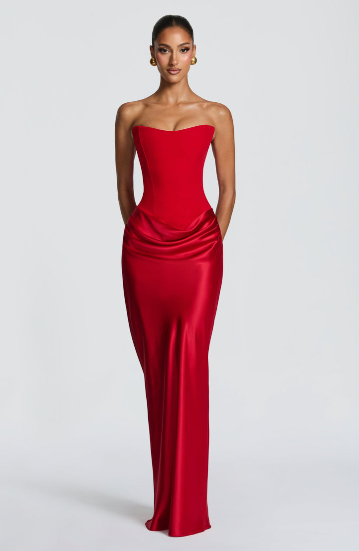Strapless Corset Maxi Dress with Satin Cowl Skirt 16