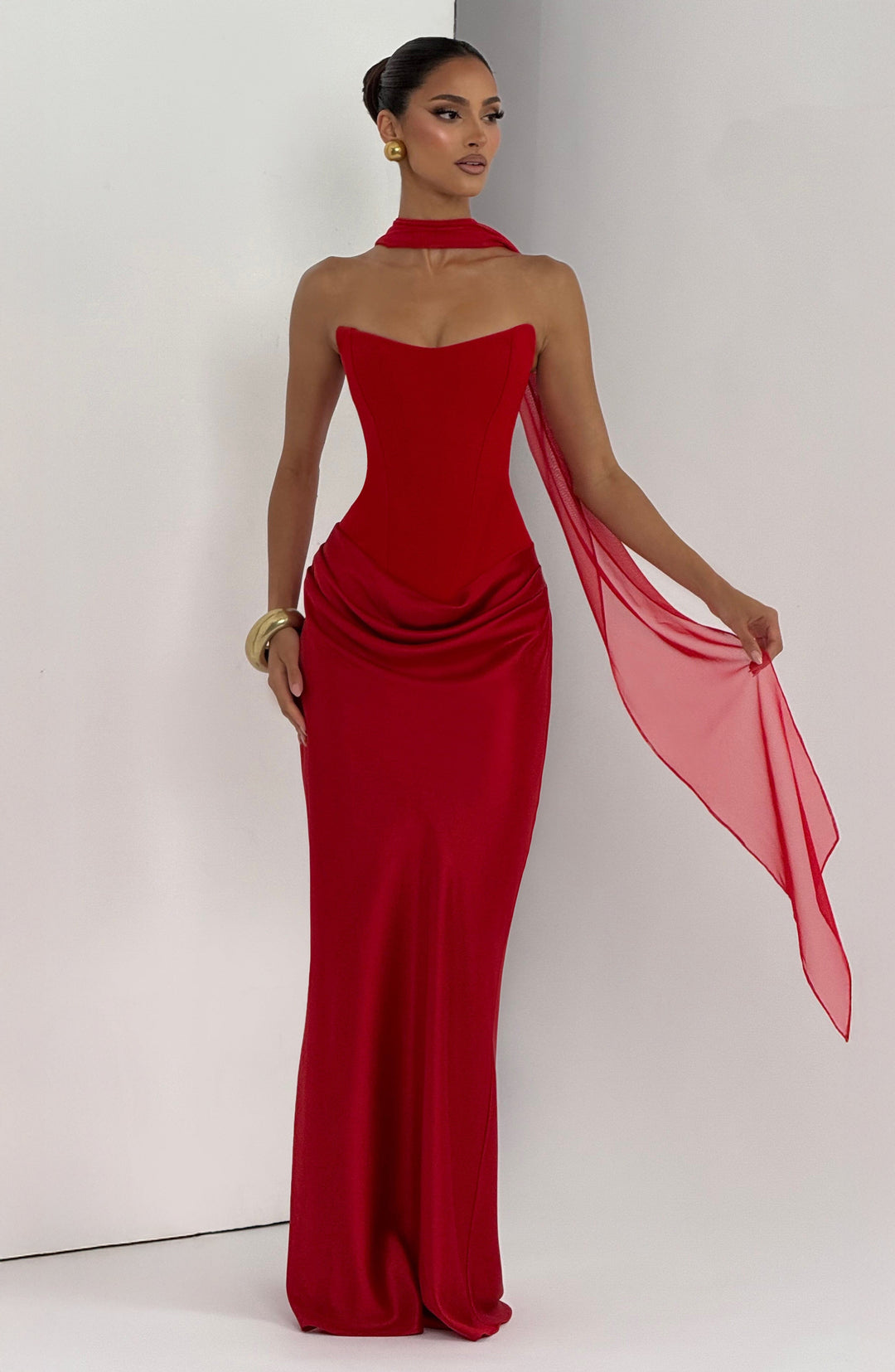 Strapless Corset Maxi Dress with Satin Cowl Skirt 19