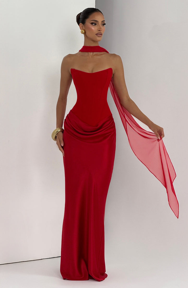 Strapless Corset Maxi Dress with Satin Cowl Skirt 19
