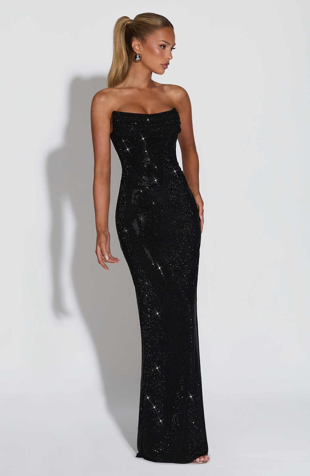 Strapless Rhinestone Mesh Maxi Dress with Corset Bodice and Lace-Up Back 25