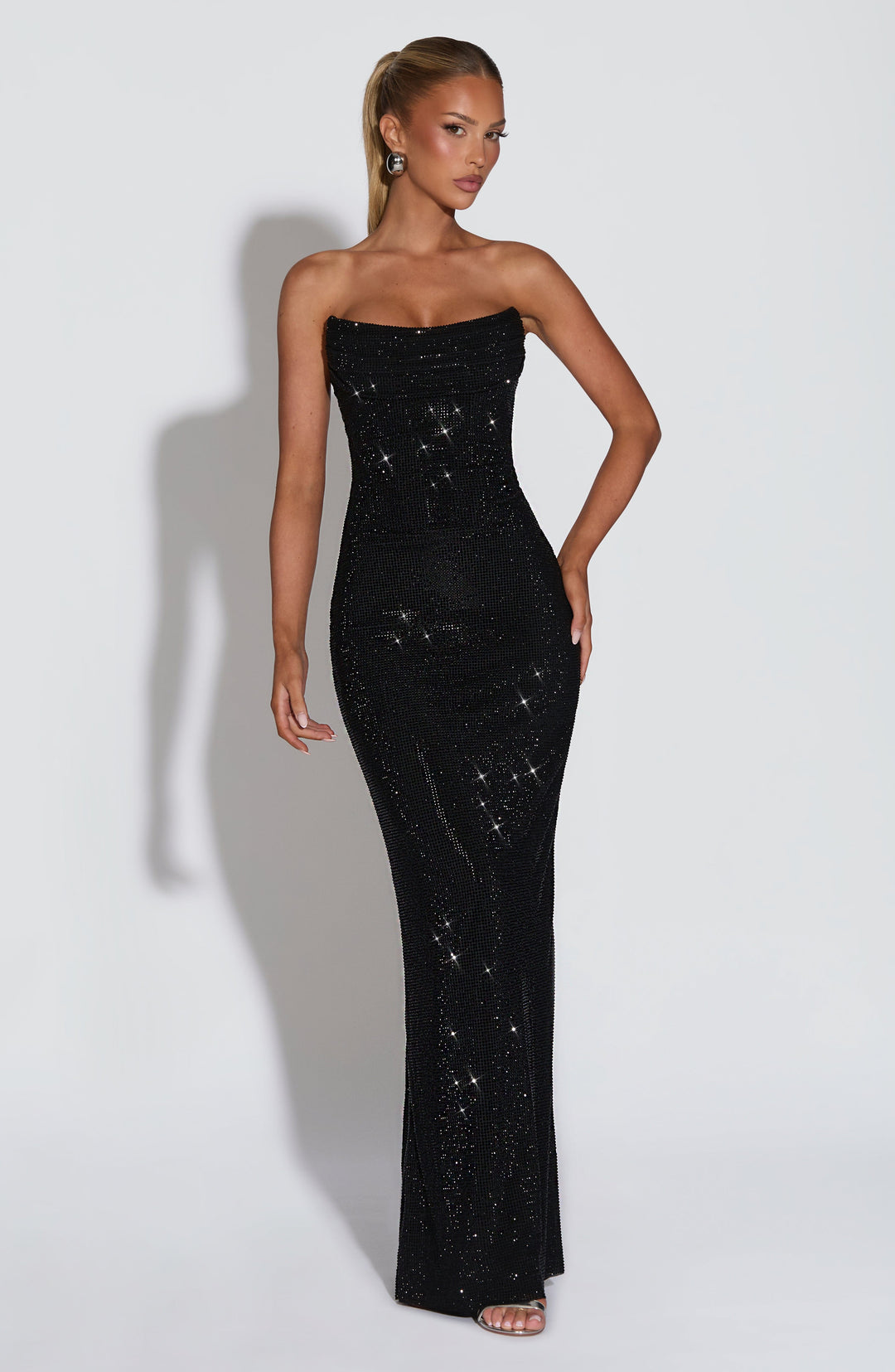 Strapless Rhinestone Mesh Maxi Dress with Corset Bodice and Lace-Up Back 22