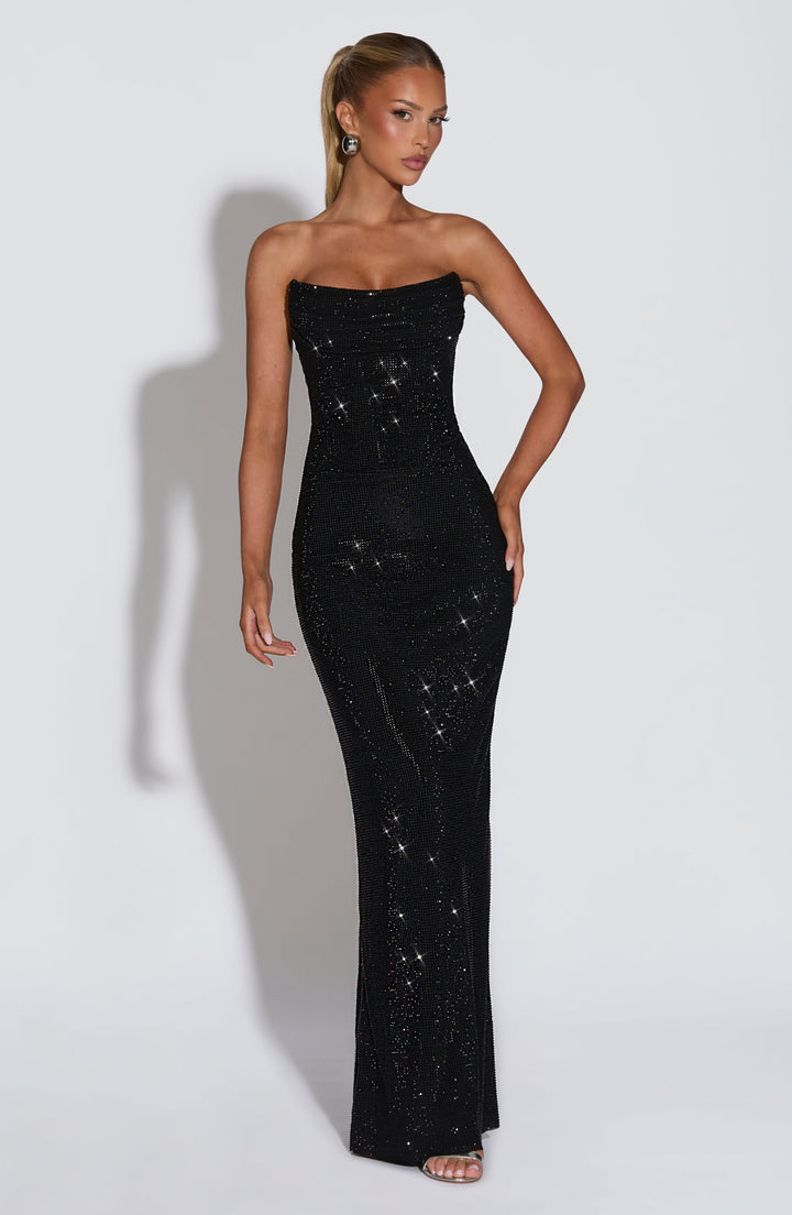 Strapless Rhinestone Mesh Maxi Dress with Corset Bodice and Lace-Up Back 22