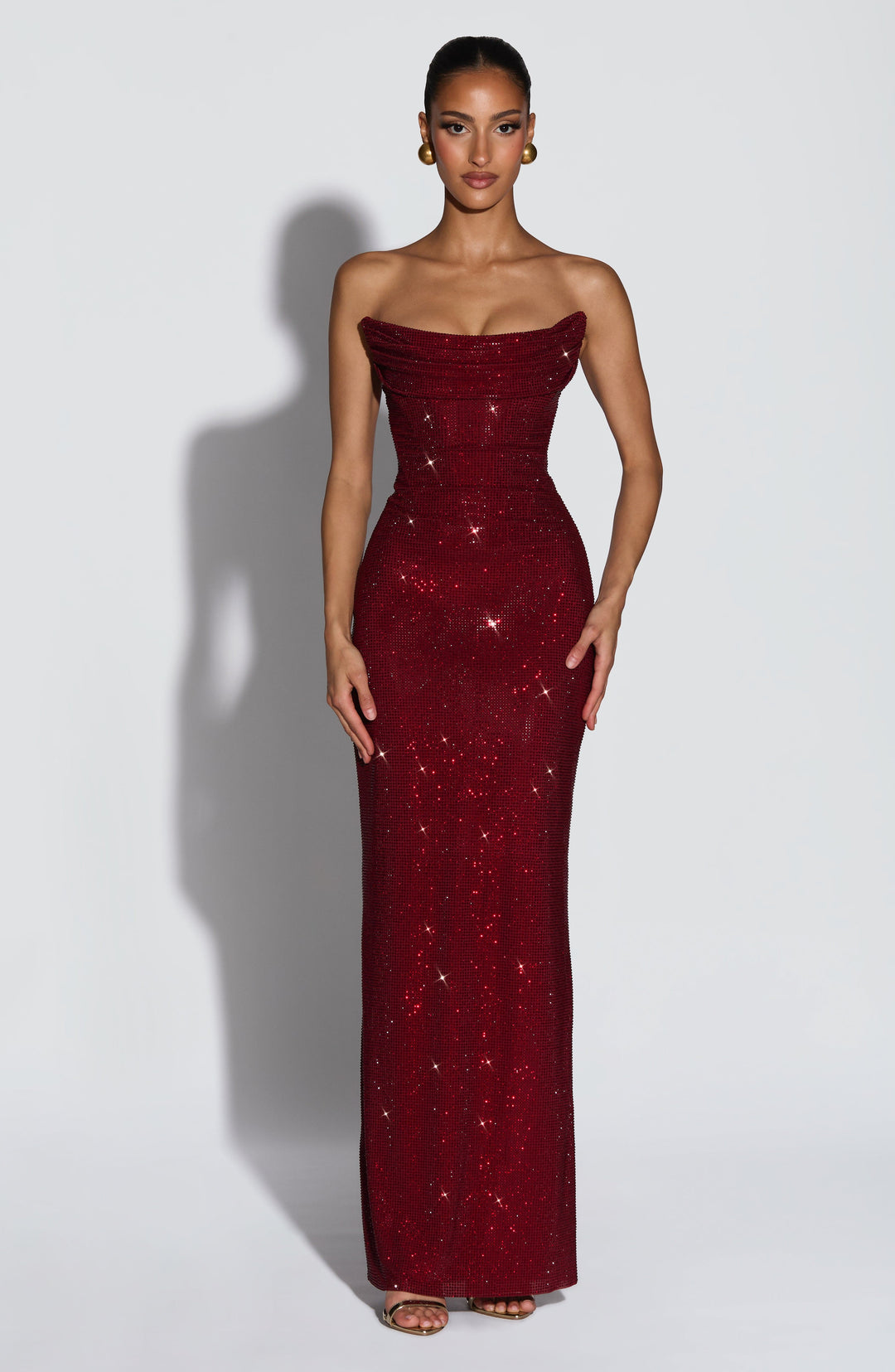 Strapless Rhinestone Mesh Maxi Dress with Corset Bodice and Lace-Up Back 1