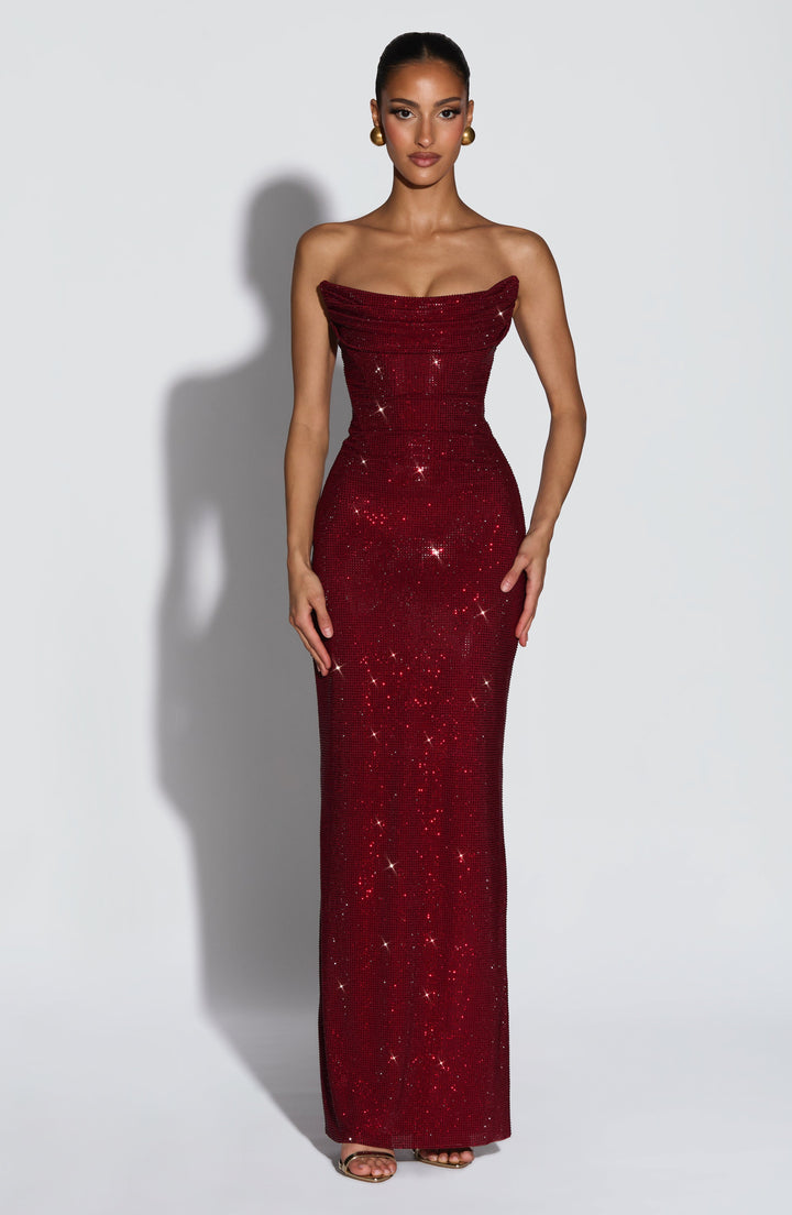 Strapless Rhinestone Mesh Maxi Dress with Corset Bodice and Lace-Up Back 1