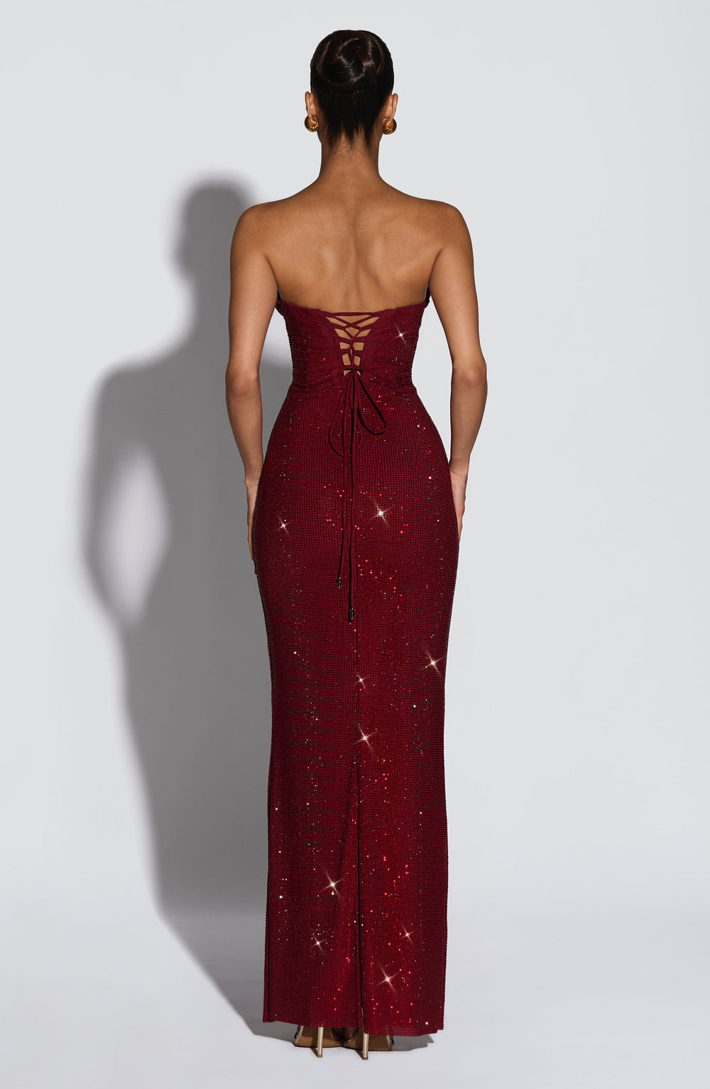 Strapless Rhinestone Mesh Maxi Dress with Corset Bodice and Lace-Up Back 2