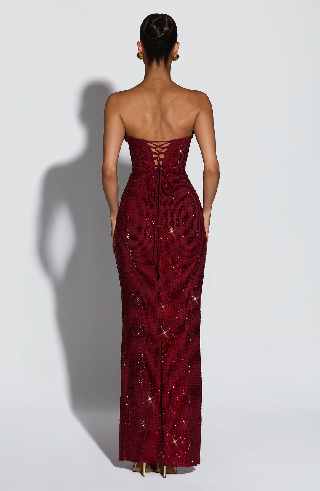 Strapless Rhinestone Mesh Maxi Dress with Corset Bodice and Lace-Up Back 2