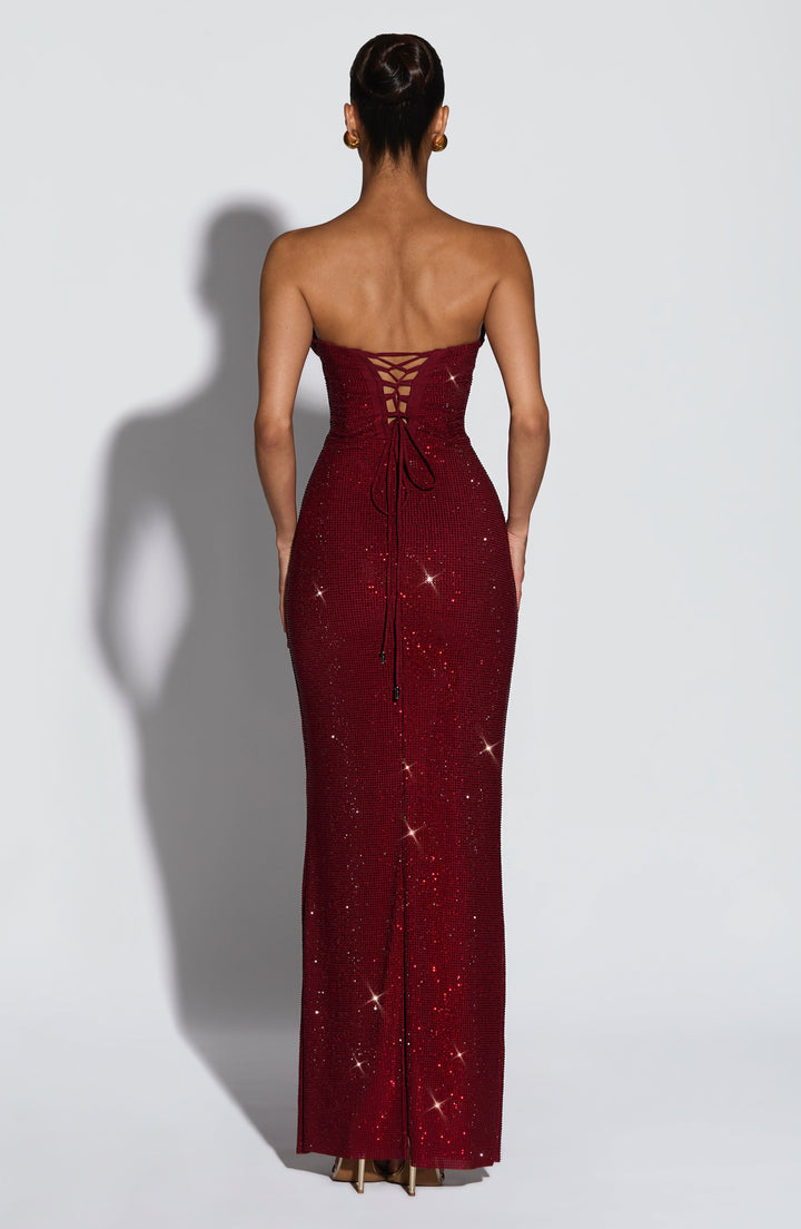 Strapless Rhinestone Mesh Maxi Dress with Corset Bodice and Lace-Up Back 2